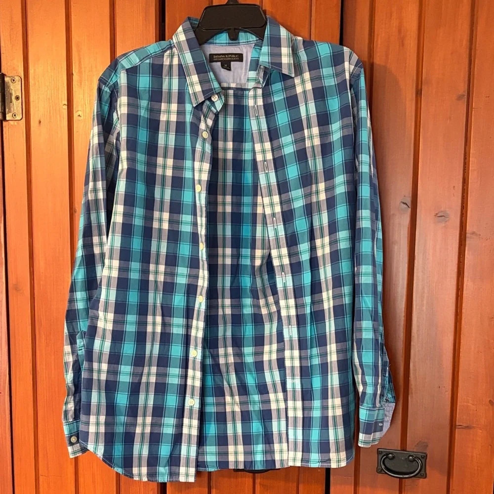 Banana Republic Teal and Navy Plaid Button-Down Shirt Sz M. RS